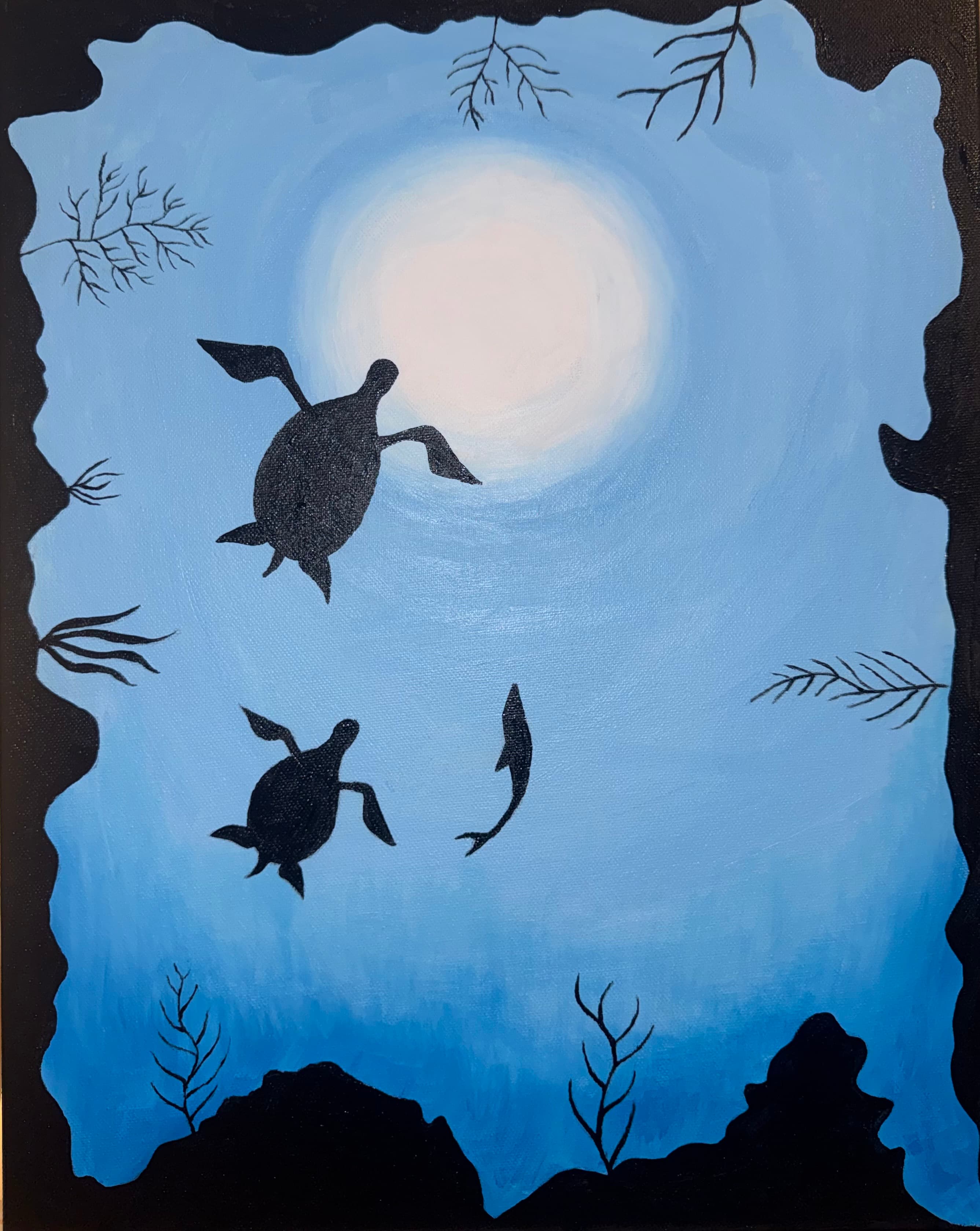 Sea turtles underwater moonlight painting