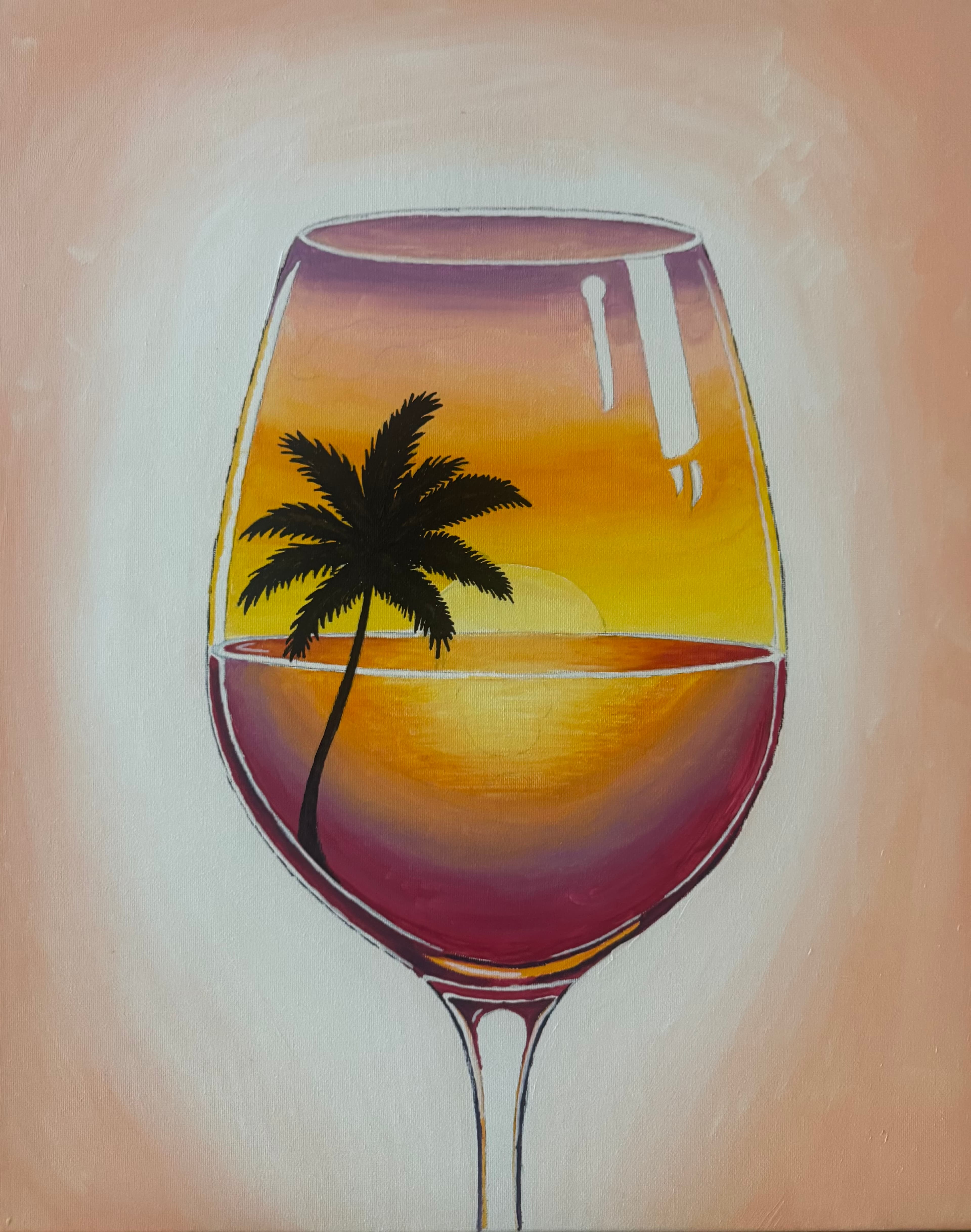 Wine glass sunset painting close up